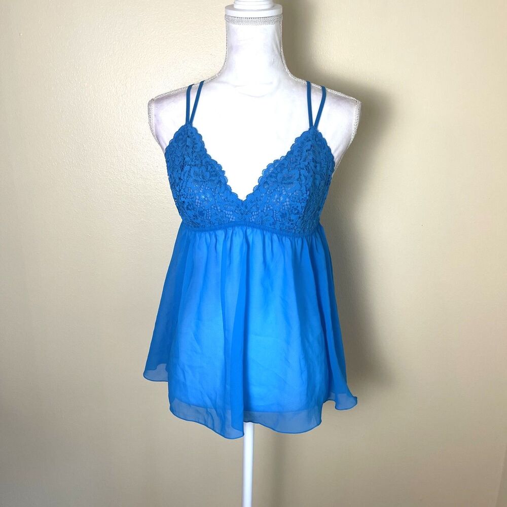 Soma Y2K Lace Babydoll Cami Top Sz M Blue Chiffon Fairy Coquette Sexy Romantic